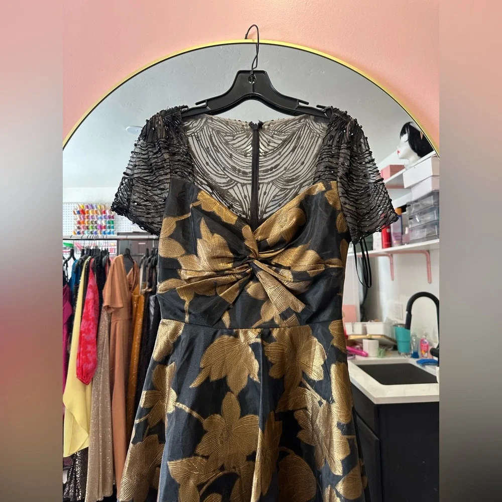 Theia Beaded Gold Black Midi Dress - Picture 5 of 6